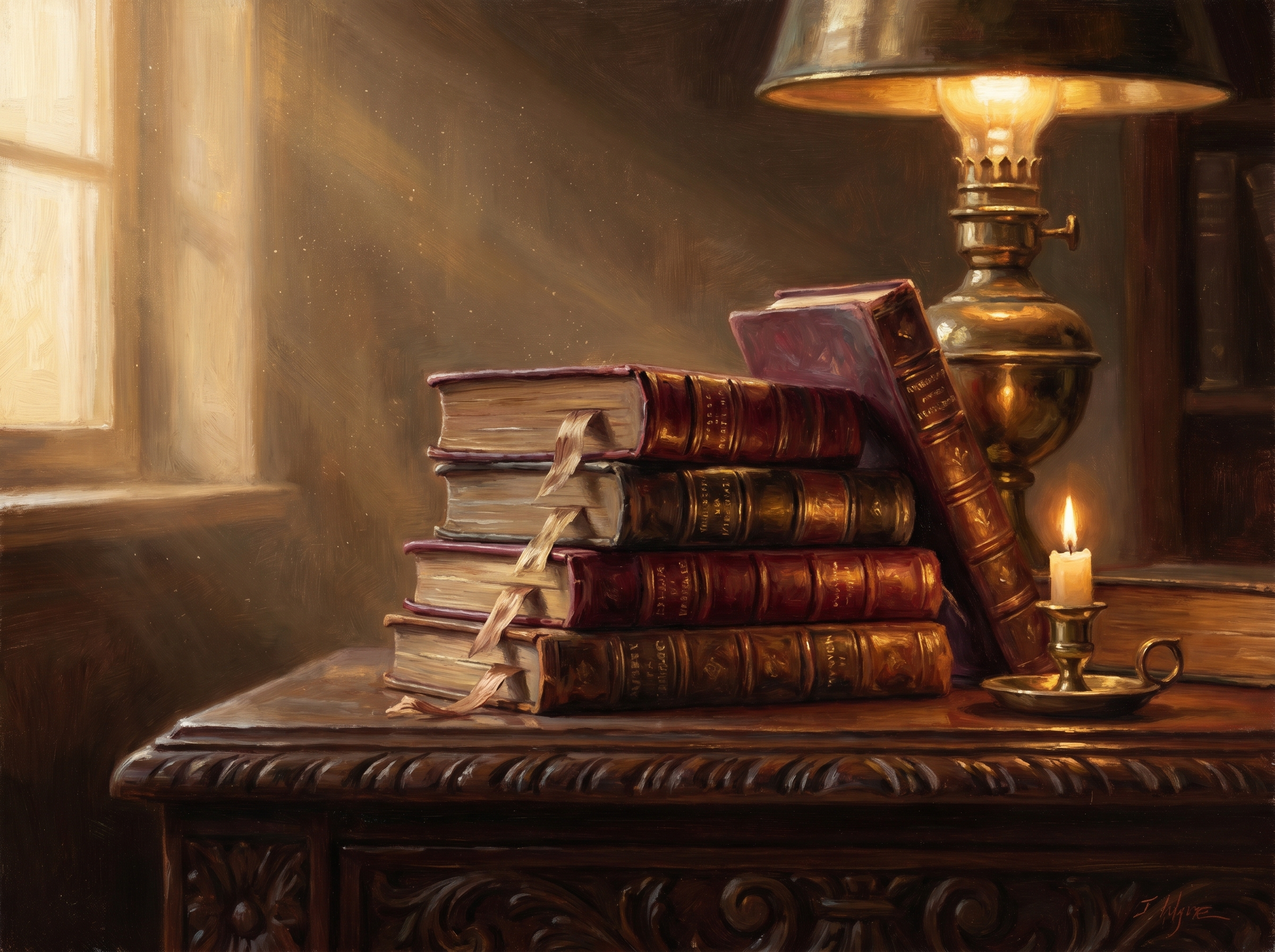 Antique leather-bound French literature, gold-embossed spines beside a brass lamp