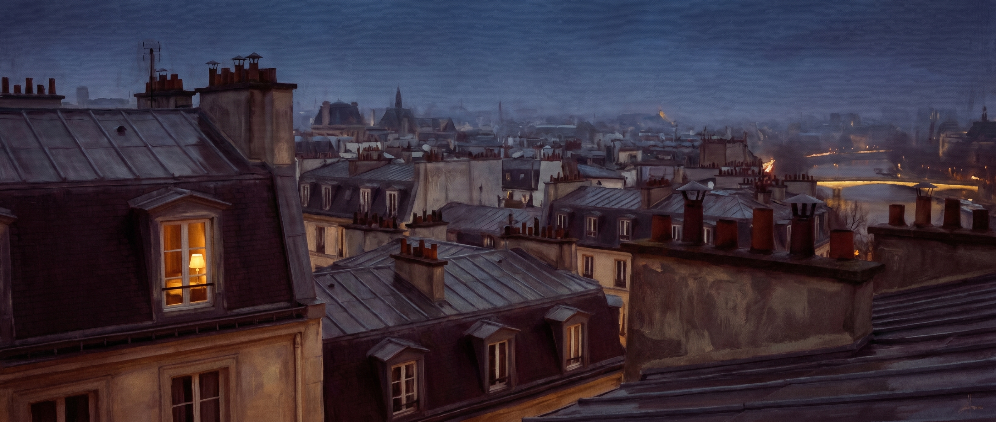 Parisian zinc rooftops at blue hour, the city of letters at dusk