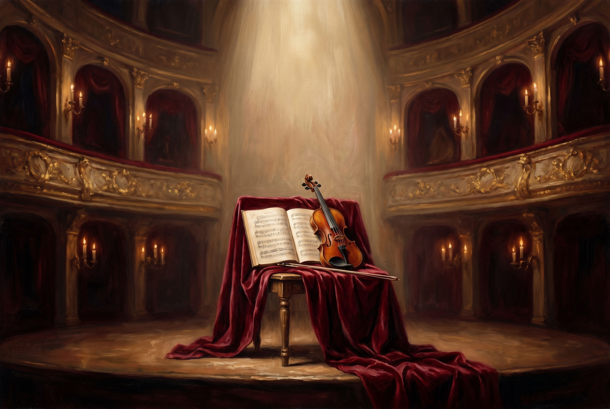 A violin and sheet music on dark red velvet in an empty concert hall