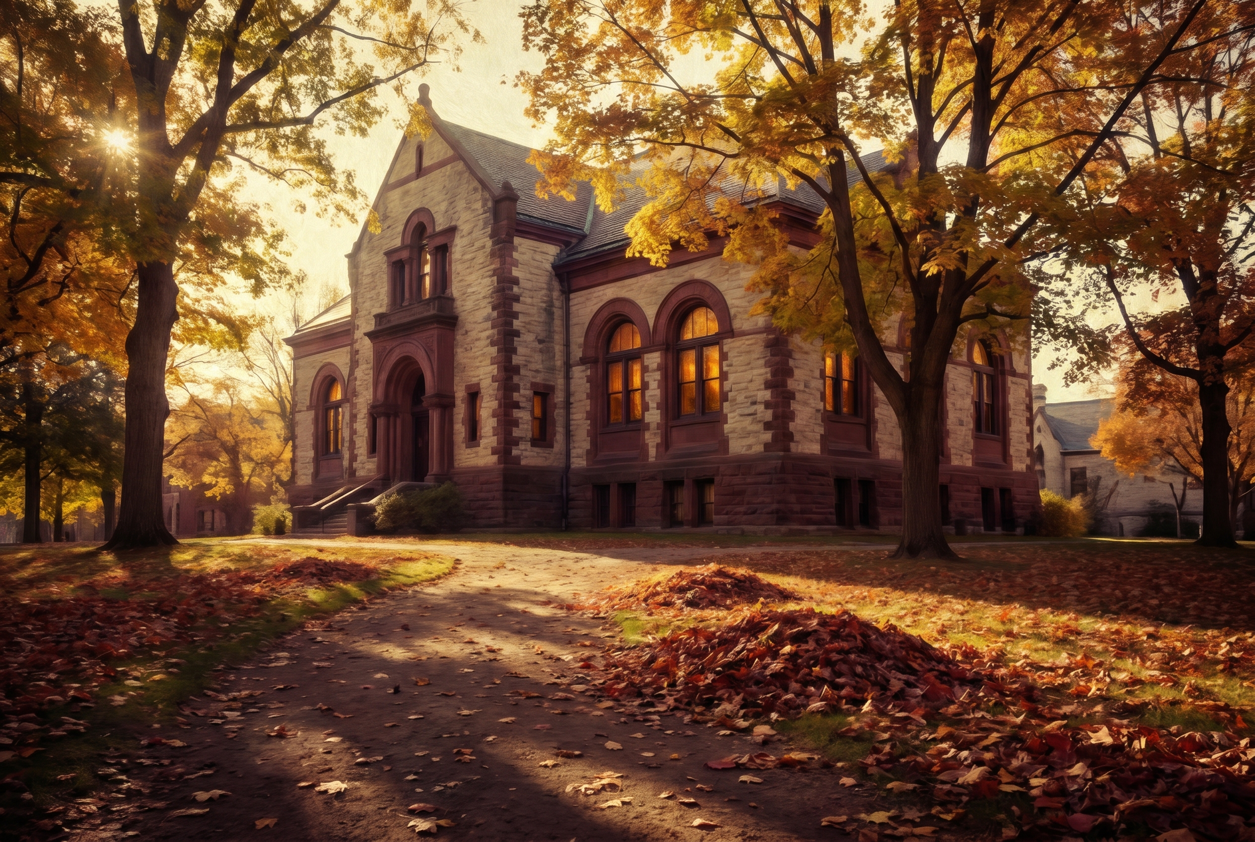 An autumn afternoon by a stone library in Scarsdale, New York